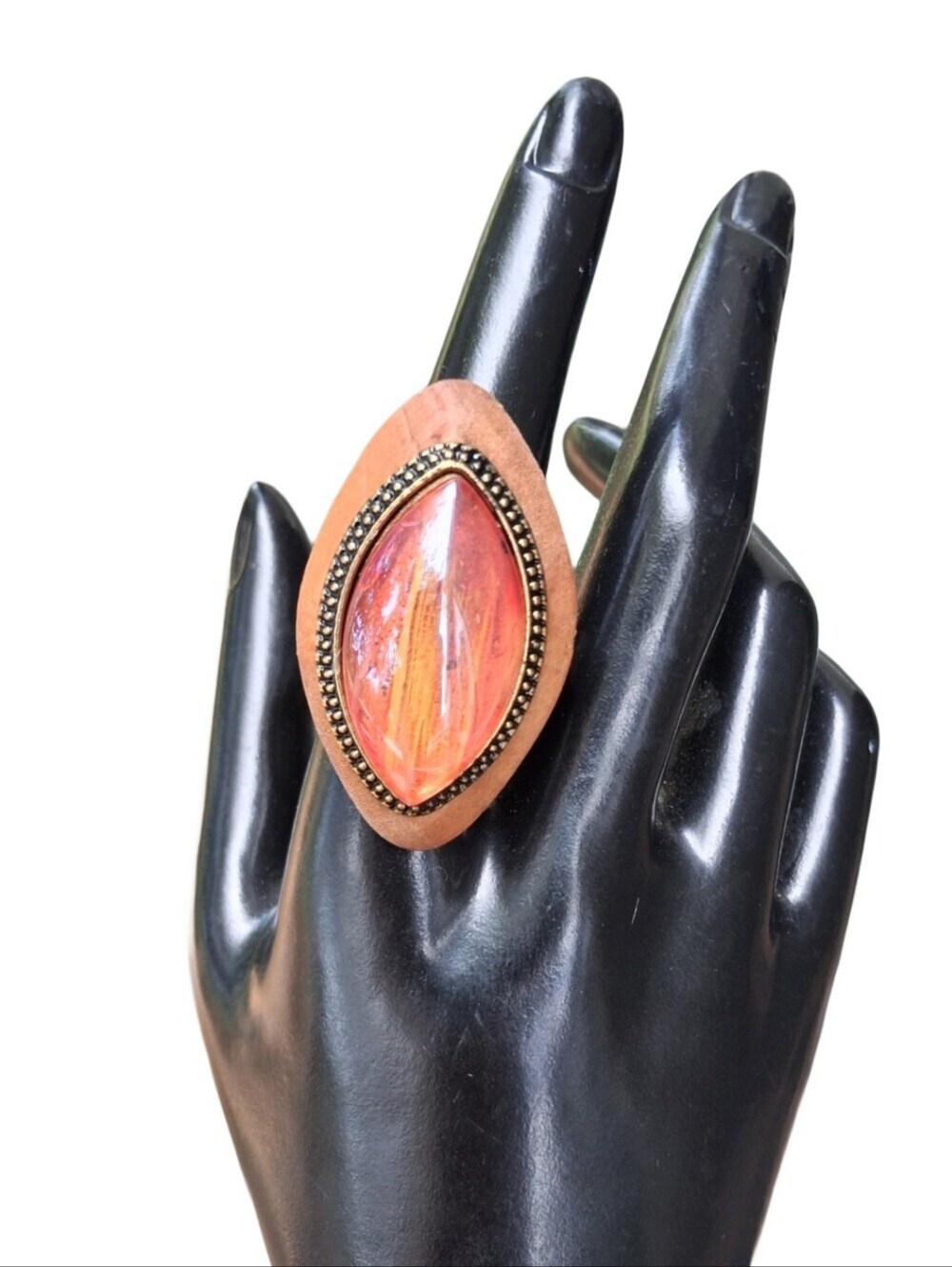 Vintage Mid Century Wood Marquise Ring Foil Art Glass Cabochon Adjustable